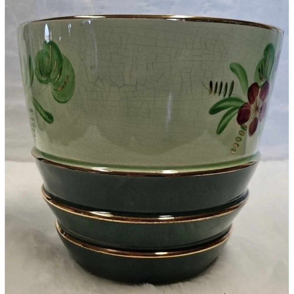Vintage Cache Pot Planter # 1760 with Red flowers and Gold Trim